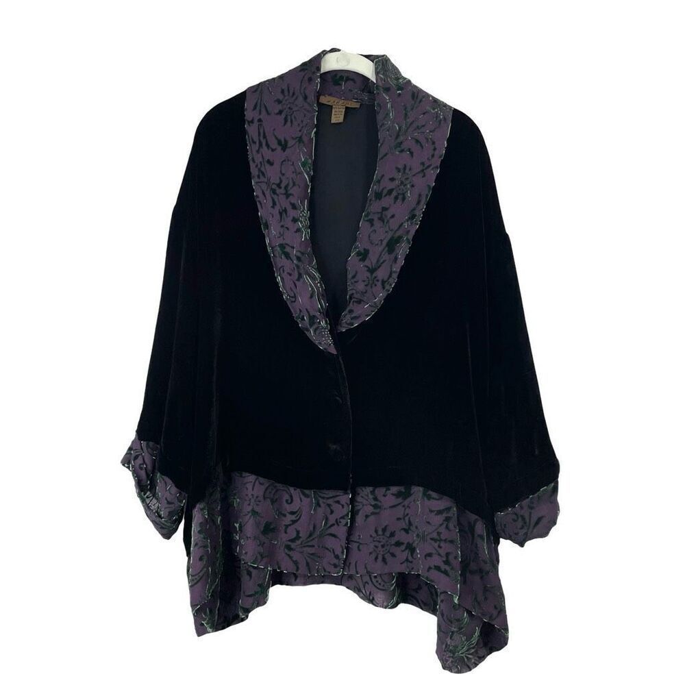 HARARI silk blend velvet oversized boxy top Sz PS Petite black purple boho artsy